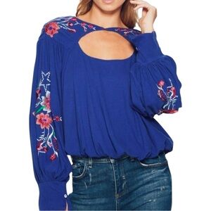 Free People Lita Embroidered Cobalt Blue Cutout Long Sleeve Blouse XS